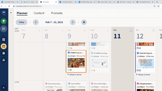 Pros and Cons of outsourcing Screen shot of Hootsuite social media scheduling tool.