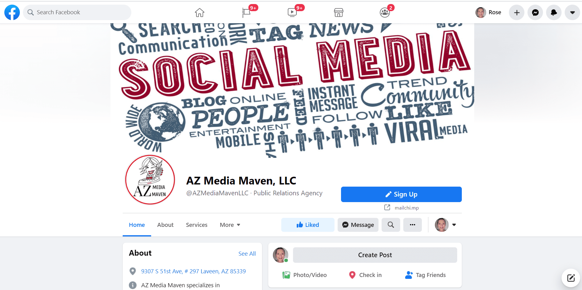 AZ Media Maven Facebook page. AZ Media Maven's Facebook page is shown as example of Facebook for business.