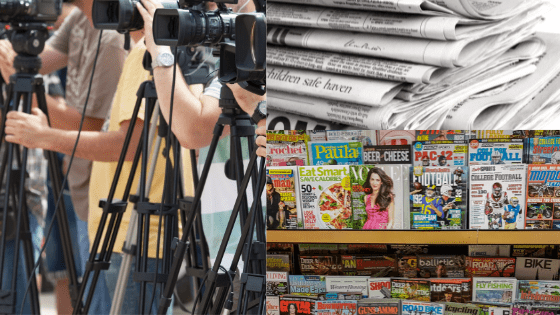 Photo of newspapers, TV cameras, and magazines to illustrate earned media.