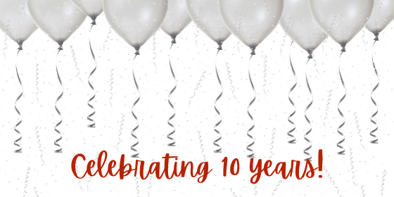 AZMM Blog Graphic February 2021 (1) 10 silver ballons float above words that say celebrating 10 years.