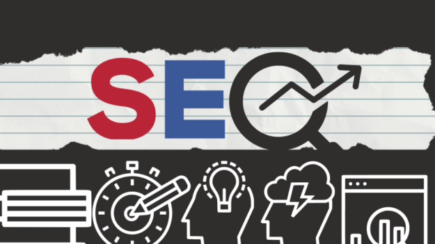 Iluustration with bsackground shows letters SEO in large area on notebookpaper. Gears, lightbulb and other illustrations go acreoss the bottom.