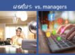 Creators vs Managers. On the left there is someone in front of cameras and lights filming content and on the left a person is typing on a keyboard, posting contetn to socail media pages.