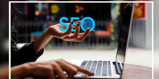 AZ Media Maven Blog Graphic on SEO Person on a computer holding the letters SEO.