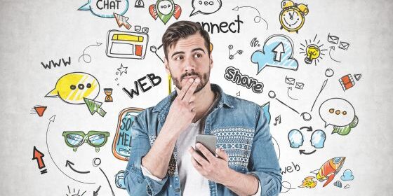 AZ Media Maven Blog Graphic Photo shows a man thinking with a variety of social media options surrounding him.